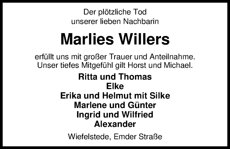  Traueranzeige für Marlies Willers vom 17.05.2019 aus Nordwest-Zeitung