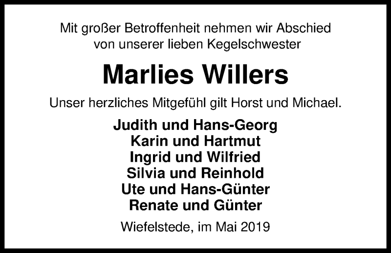  Traueranzeige für Marlies Willers vom 17.05.2019 aus Nordwest-Zeitung