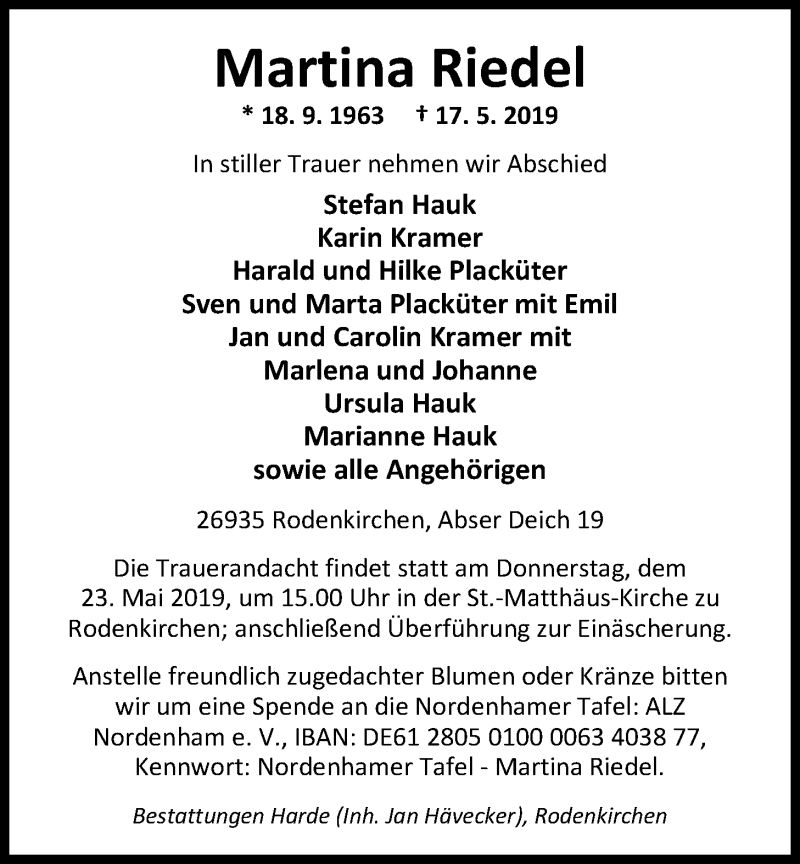  Traueranzeige für Martina Riedel vom 21.05.2019 aus Nordwest-Zeitung