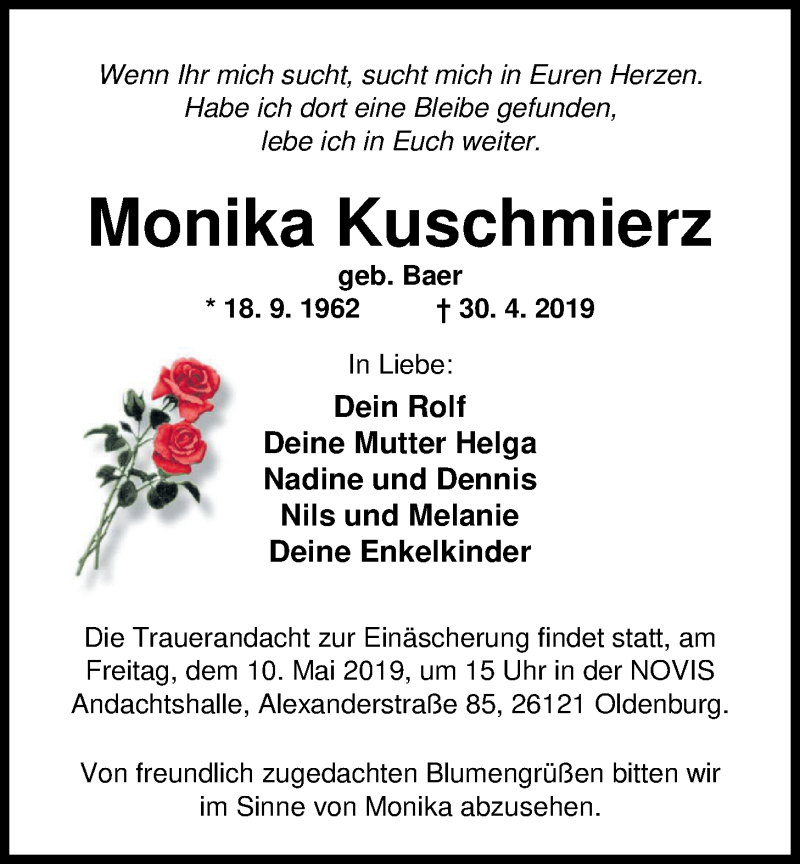  Traueranzeige für Monika Kuschmierz vom 03.05.2019 aus Nordwest-Zeitung