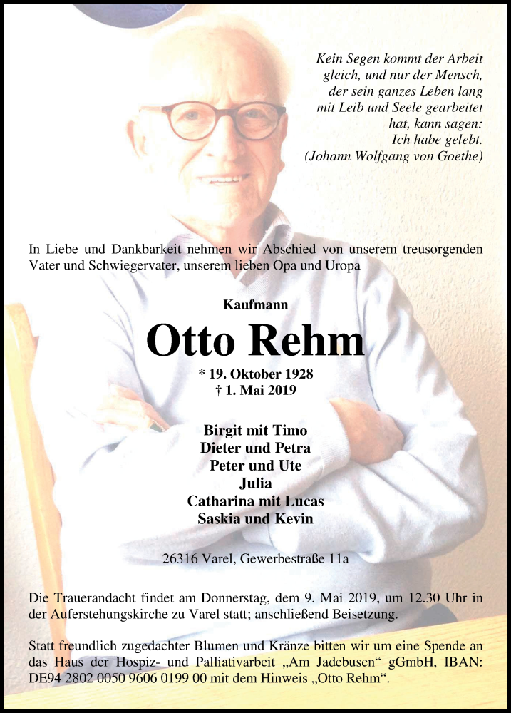  Traueranzeige für Otto Rehm vom 06.05.2019 aus Nordwest-Zeitung