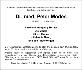 Traueranzeige von Peter Modes von Nordwest-Zeitung