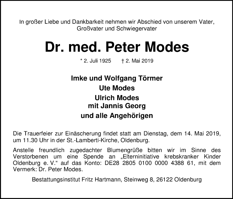  Traueranzeige für Peter Modes vom 11.05.2019 aus Nordwest-Zeitung