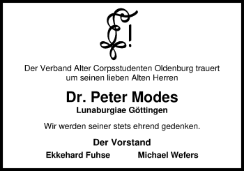 Traueranzeige von Peter Modes von Nordwest-Zeitung