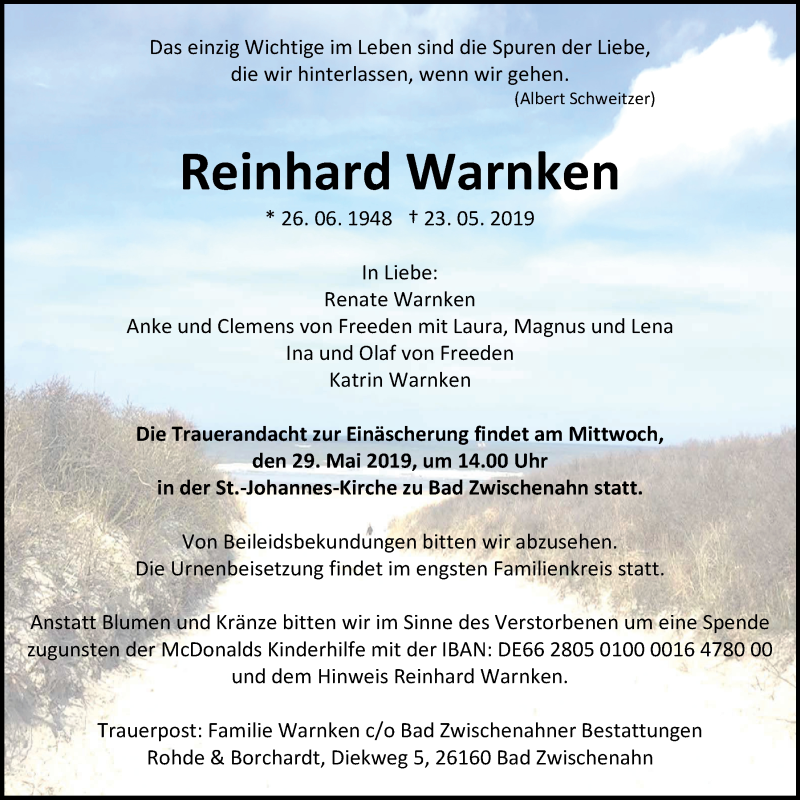  Traueranzeige für Reinhard Warnken vom 25.05.2019 aus Nordwest-Zeitung