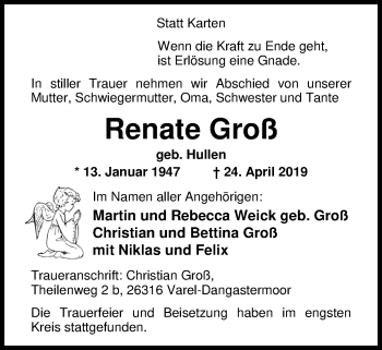 Traueranzeige von Renate Groß von Nordwest-Zeitung