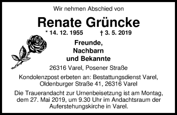 Traueranzeige von Renate Grüncke von Nordwest-Zeitung