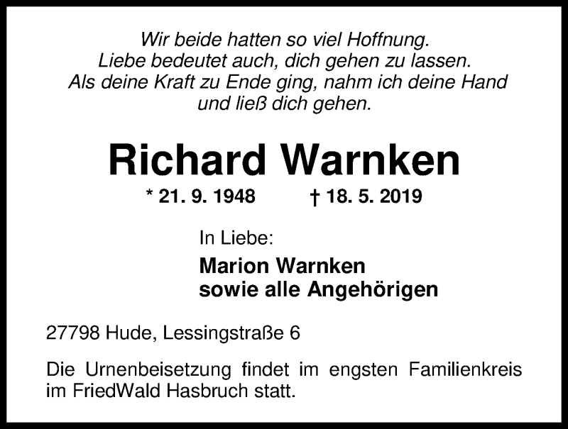  Traueranzeige für Richard Warnken vom 25.05.2019 aus Nordwest-Zeitung
