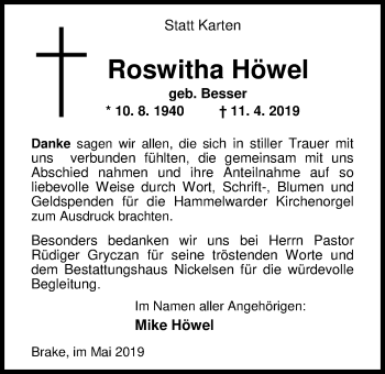 Traueranzeige von Roswitha Höwel von Nordwest-Zeitung