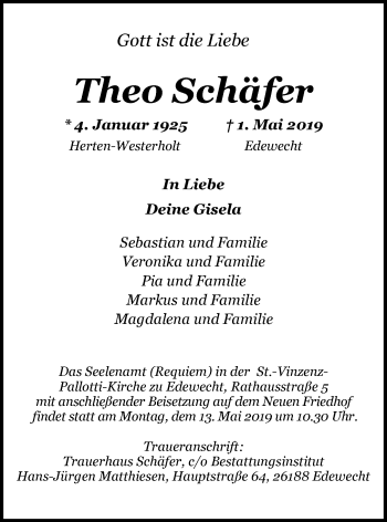 Traueranzeige von Theo Schäfer von Nordwest-Zeitung