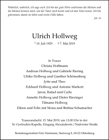 Traueranzeige von Ulrich Hollweg von Nordwest-Zeitung