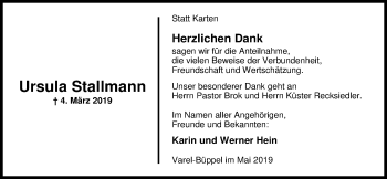 Traueranzeige von Ursula Stallmann von Nordwest-Zeitung