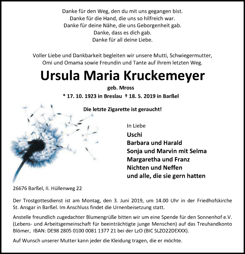 Traueranzeige für Ursula Maria Kruckemeyer vom 25.05.2019 aus Nordwest-Zeitung