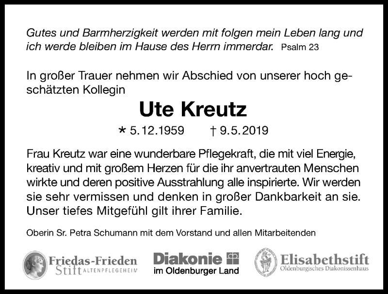  Traueranzeige für Ute Kreutz vom 11.05.2019 aus Nordwest-Zeitung