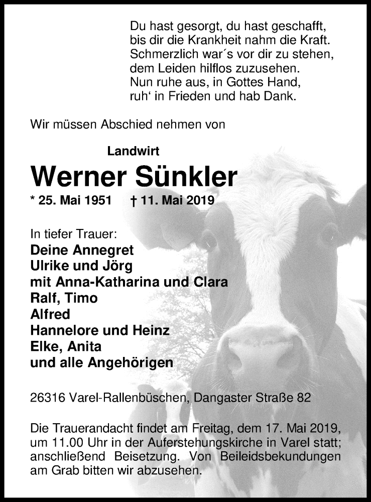  Traueranzeige für Werner Sünkler vom 14.05.2019 aus Nordwest-Zeitung