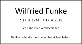 Traueranzeige von Wilfried Funke von Nordwest-Zeitung