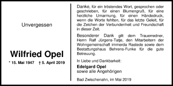 Traueranzeige von Wilfried Opel von Nordwest-Zeitung