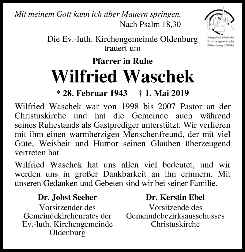  Traueranzeige für Wilfried Waschek vom 04.05.2019 aus Nordwest-Zeitung