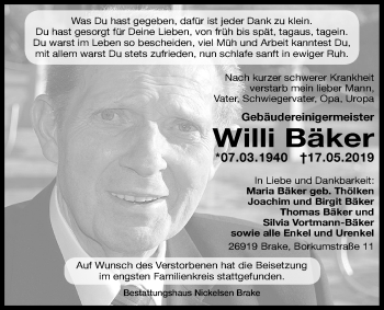 Traueranzeige von Willi Bäker von Nordwest-Zeitung