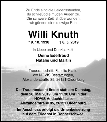 Traueranzeige von Willi Knuth von Nordwest-Zeitung