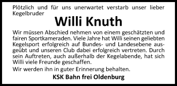 Traueranzeige von Willi Knuth von Nordwest-Zeitung