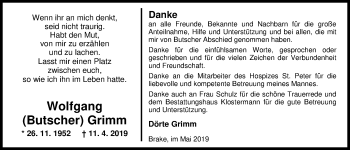 Traueranzeige von Wolfgang (Butscher) Grimm von Nordwest-Zeitung