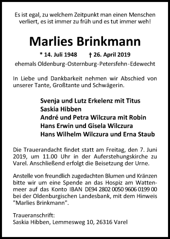 Traueranzeige von Marlies Brinkmann von Nordwest-Zeitung