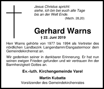 Traueranzeige von Gerhard Warns von Nordwest-Zeitung