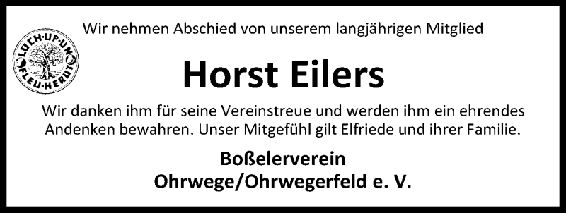  Traueranzeige für Horst Eilers vom 21.06.2019 aus Nordwest-Zeitung