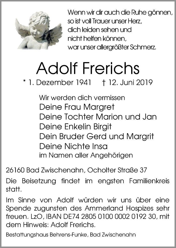  Traueranzeige für Adolf Frerichs vom 15.06.2019 aus Nordwest-Zeitung