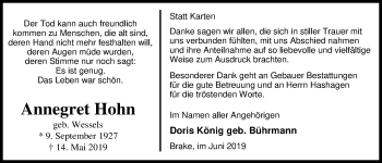 Traueranzeige von Annegret Hohn von Nordwest-Zeitung