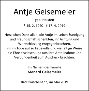 Traueranzeige von Antje Geisemeier von Nordwest-Zeitung
