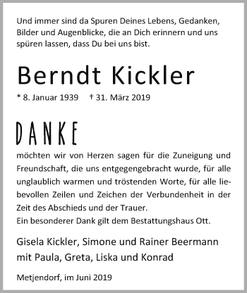 Traueranzeige von Berndt Kickler von Nordwest-Zeitung