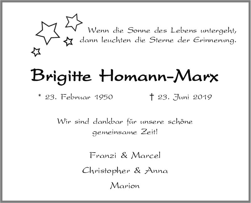  Traueranzeige für Brigitte Homann-Marx vom 29.06.2019 aus Nordwest-Zeitung