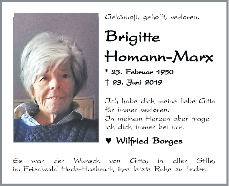  Traueranzeige für Brigitte Homann-Marx vom 29.06.2019 aus Nordwest-Zeitung