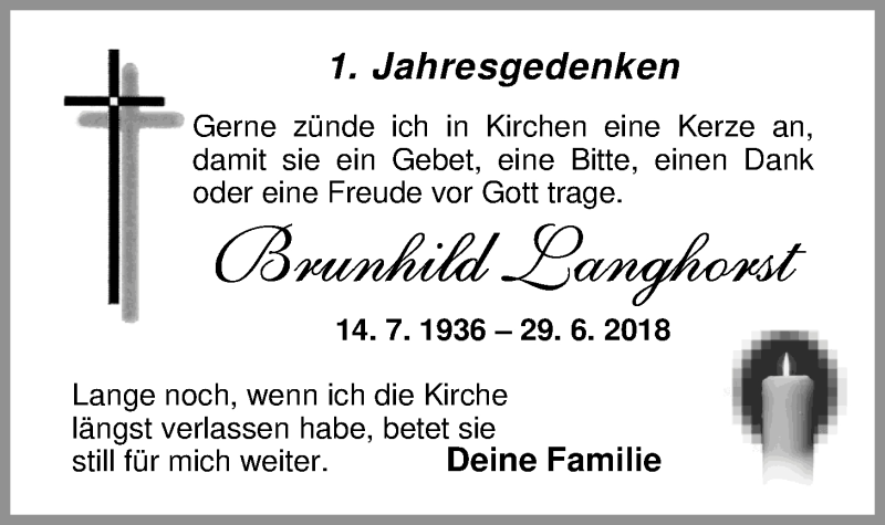  Traueranzeige für Brunhild Langhorst vom 29.06.2019 aus Nordwest-Zeitung