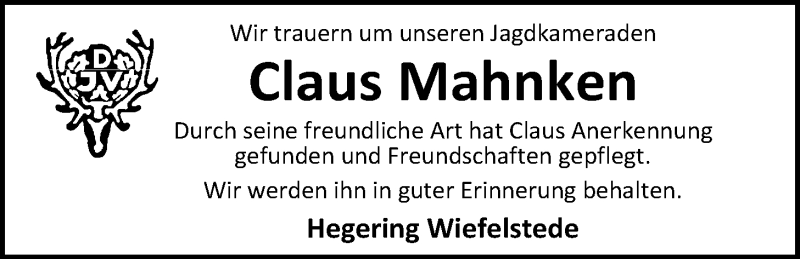  Traueranzeige für Claus Mahnken vom 28.06.2019 aus Nordwest-Zeitung