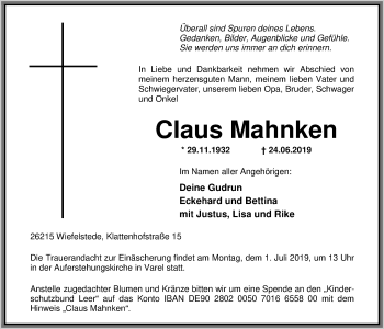 Traueranzeige von Claus Mahnken von Nordwest-Zeitung