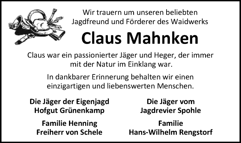  Traueranzeige für Claus Mahnken vom 28.06.2019 aus Nordwest-Zeitung