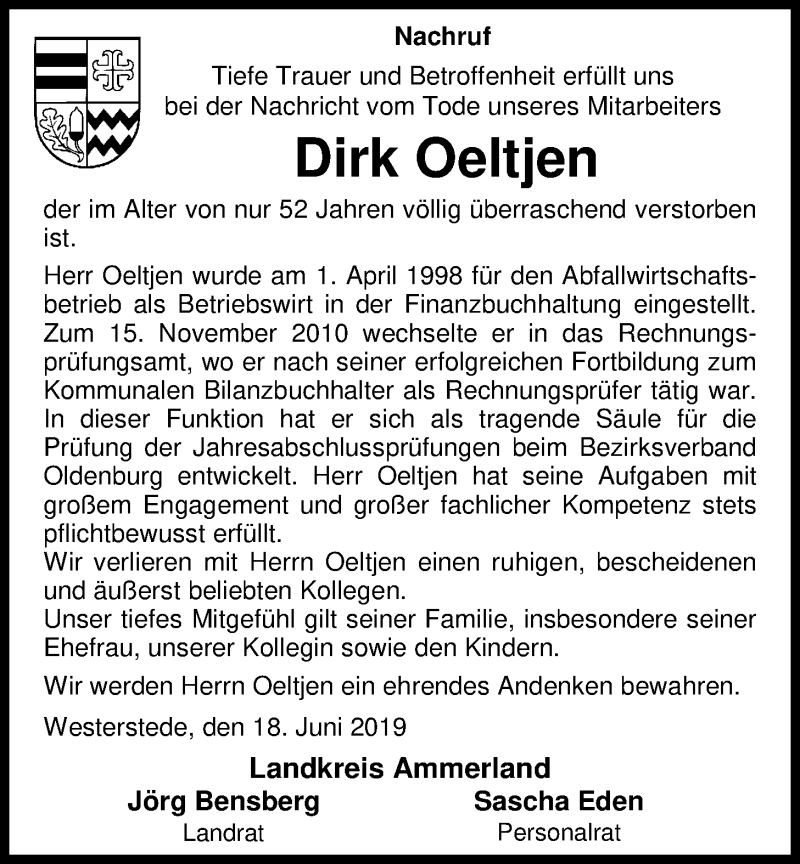  Traueranzeige für Dirk Oeltjen vom 18.06.2019 aus Nordwest-Zeitung