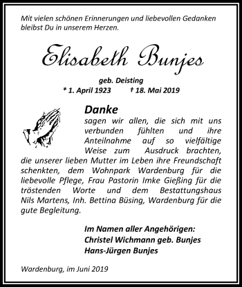 Traueranzeige von Elisabeth Bunjes von Nordwest-Zeitung