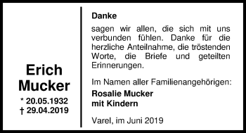 Traueranzeige von Erich Mucker von Nordwest-Zeitung