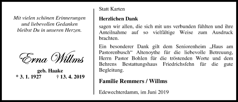  Traueranzeige für Erna Willms vom 08.06.2019 aus Nordwest-Zeitung