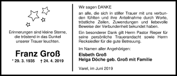 Traueranzeige von Franz Groß von Nordwest-Zeitung