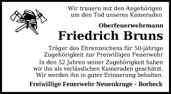 Traueranzeige von Friedrich Bruns von Nordwest-Zeitung