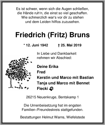 Traueranzeige von Friedrich Bruns von Nordwest-Zeitung