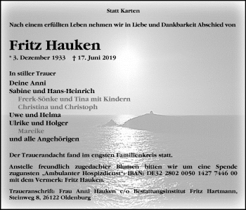 Traueranzeige von Fritz Hauken von Nordwest-Zeitung