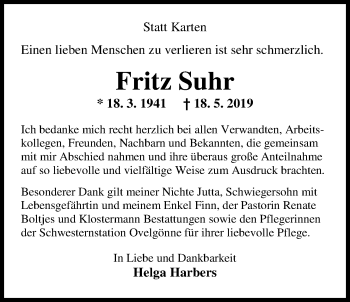 Traueranzeige von Fritz Suhr von Nordwest-Zeitung