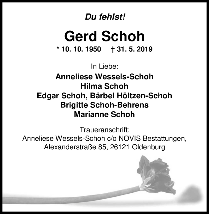  Traueranzeige für Gerd Schoh vom 06.06.2019 aus Nordwest-Zeitung
