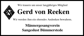Traueranzeige von Gerd von Reeken von Nordwest-Zeitung